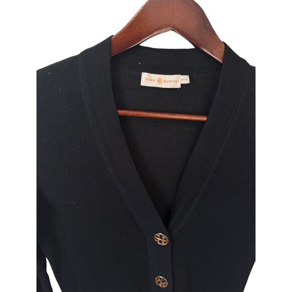 TORY BURCH Simone Cardigan Black Gold Oversized Logo Buttons Merino Wool Size XS - Picture 3 of 8